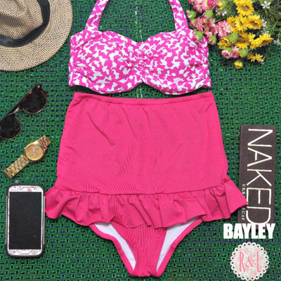Bayley - Retro Vintage Pin Up Handmade Pink White Abstract Peplum High Waist Bikini Swimsuit Swimwear