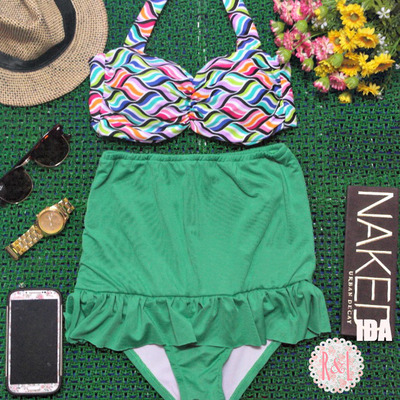 Ida - Retro Vintage Pin Up Handmade Mint Green White Abstract Peplum High Waist Bikini Swimsuit Swimwear