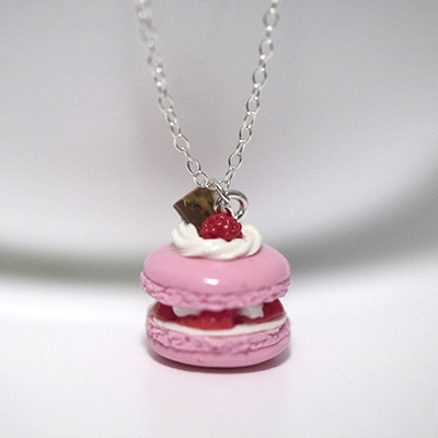 Kawaii Cute Miniature Food Necklaces - Raspberry Macaroon with Sterling Silver Chain