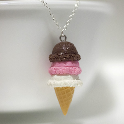Kawaii Cute Miniature Food Necklaces - Neapolitan Ice Cream with Sterling Silver Chain