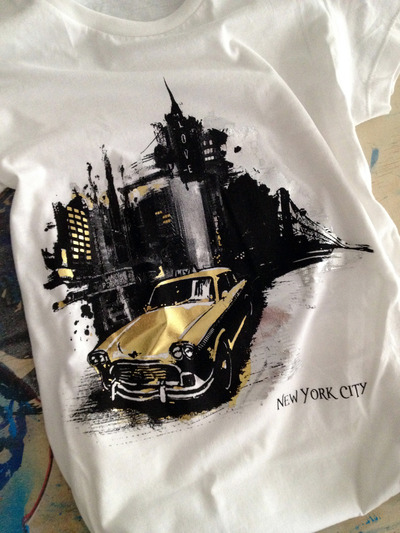 New york taxi foil and ink silk screen limited edition t-shirt featuring checker taxi cab, tank, v-neck