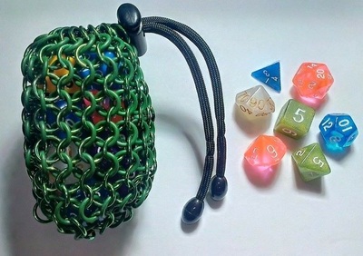 Green Bag of Holding Dice Bag - Handmade Chainmail and rubber o-ring