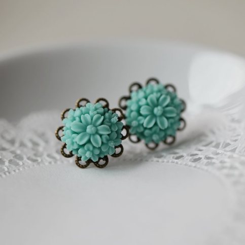 alexia. filigree rose earrings. in aqua blue.