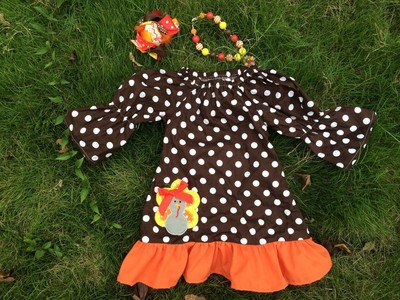 baby girls Thanks Giving turkey brown polka dot dress with matching hair bows and chunky necklace set