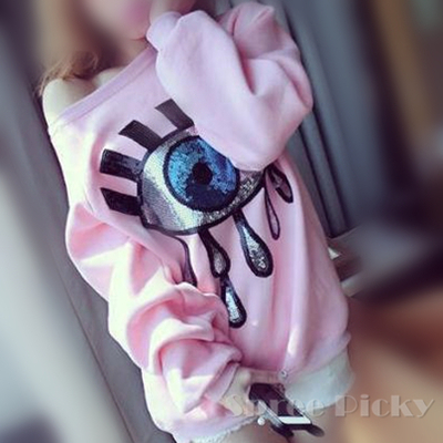 Autumn Kawaii Big Eye Sequins Nylon Fleece Loose Pull Over Jumper Sweater Free Ship SP141444
