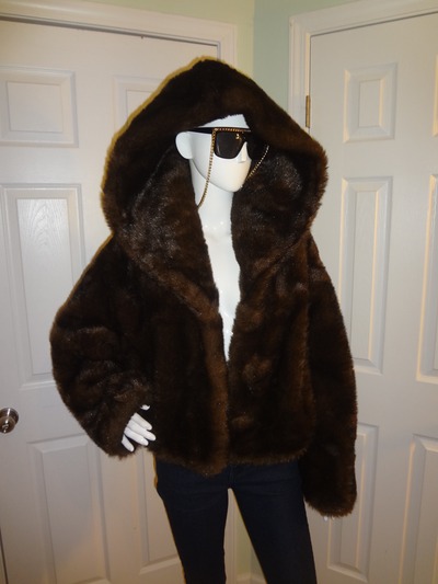Vintage express brown faux fur coat with hood size 1x