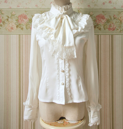 Lace Bow Flounced Blouses Tops