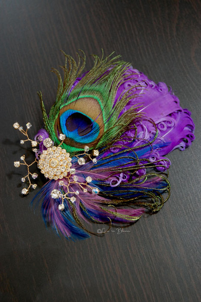 Bridal Head Piece Purple Blue Feather Fascinator - Style # FF111