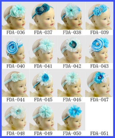 Frozen Baby Flower Headbands Blue Lace Flowers with Crystal Center Fold Over Headbands