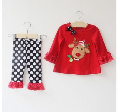 Children girl's 2014 Autumn Long sleeve deer t-shirt+Dot pant Christmas 2-piece/set