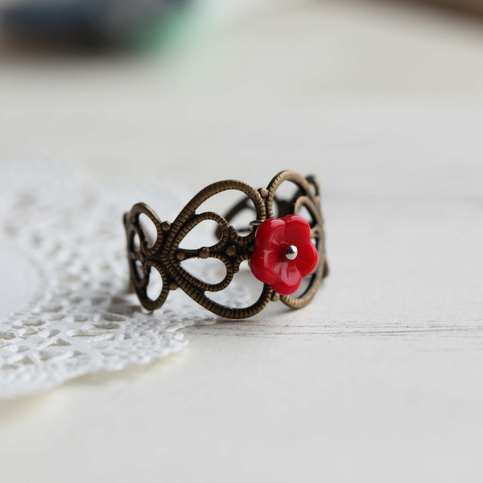 fleur ring. a romance red flower brass filigree ring
