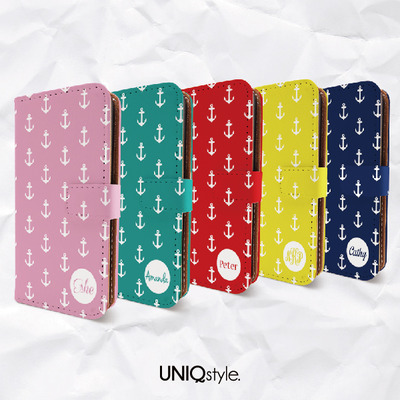Nautical Anchor Personalized monogram Custom name PU leather case for iPhone 7/6 Plus, iPhone SE, Samsung S8/S7 Edge, Note 5, LG Nexus 5X