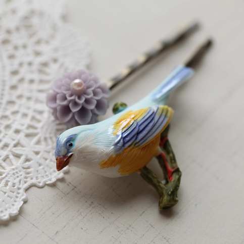 funny and cute. bird and flower bobbi pin. - 2 -