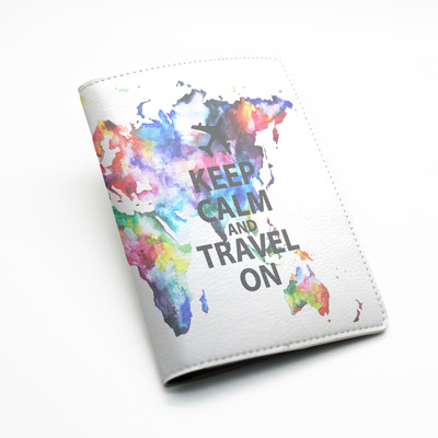 PU Leather Passport Holder Case Cover Travel Wallet -- Colorful World map design, Keep calm and travel on, or custom quote text (L69)
