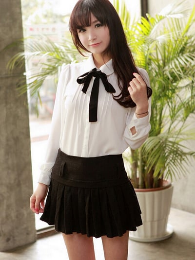 Sweet bowknot dolls long-sleeved chiffon blouse