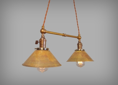 Twin Pendant Lamp w/ Brass Shades - Vintage Industrial Ceiling Fixture