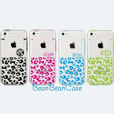 iPhone 5 5S 5C case iPhone 6 6 plus case Transparent bumper clear cover, personalised monogram name custom made with leopard prints (i01)