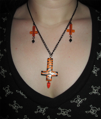 Inverted Cross Necklace with Skull Charm (Orange)
