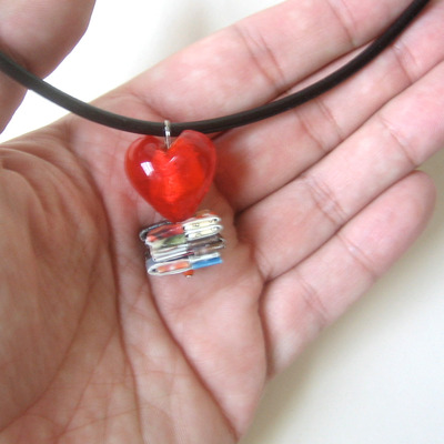Ruby Red Glass Heart Pendant With Reclaimed Paper Gem - Eco Chic Necklace