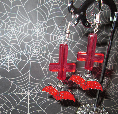 Bats and Inverted Cross Earrings (Red)