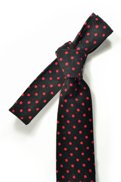 Mens Tie Skinny Necktie corduroy black and red polka dots