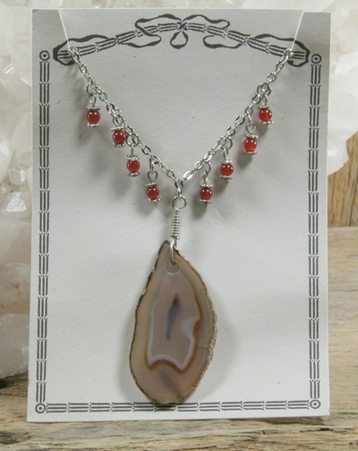 Agate Pendant and Carnelian on Silver Chain Necklace