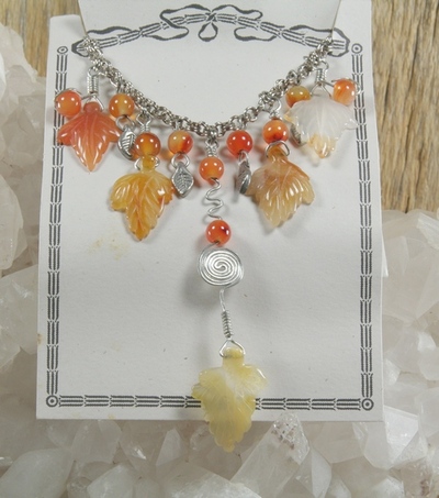Carnelian Leaves and Beads on Silver Chain Necklace