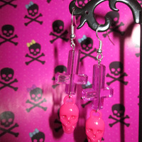 Skull and Inverted Cross Earrings (Pink)  - Thumbnail 2