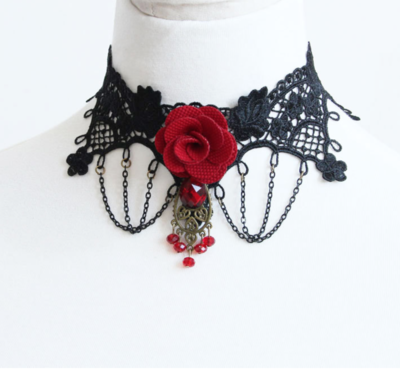 Black Floral Lace Red Rose Drop Tassel Chain Gothic Goth Lolita Choker Necklace