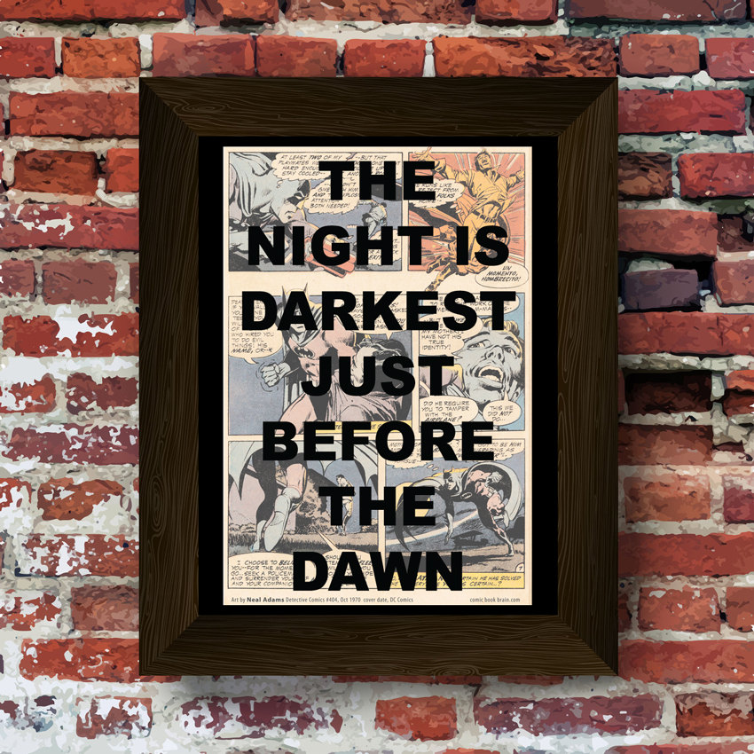 The night is darkest Quote Super Hero Upcycled vintage comic book art print. #0016
