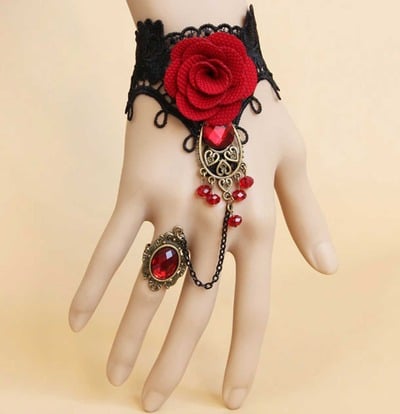 Gothic Goth Evening Black Lace Red Rose Droplets Slave Bracelet With Ring