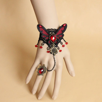 Gothic Goth Evening Black Lace Red Butterfly Droplets Slave Bracelet With Ring