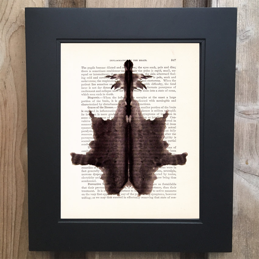Rorschach inkblot test #6 Art print on Upcycled 1903 Medicology book #0004
