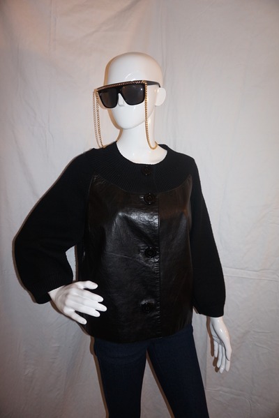 Vintage jones ny black leather wool top size xl