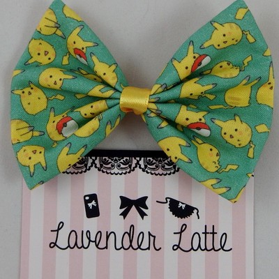Sale! pikachu teal green and yellow fabric hair bow - Thumbnail 1
