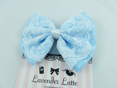Baby Blue Pastel Polkadot Hair Bow with Delicate White Lace Overlay -- Vintage Insprired Hair Clip