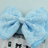 Baby Blue Pastel Polkadot Hair Bow with Delicate White Lace Overlay -- Vintage Insprired Hair Clip - Thumbnail 1