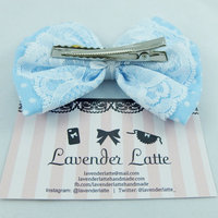 Baby Blue Pastel Polkadot Hair Bow with Delicate White Lace Overlay -- Vintage Insprired Hair Clip - Thumbnail 3