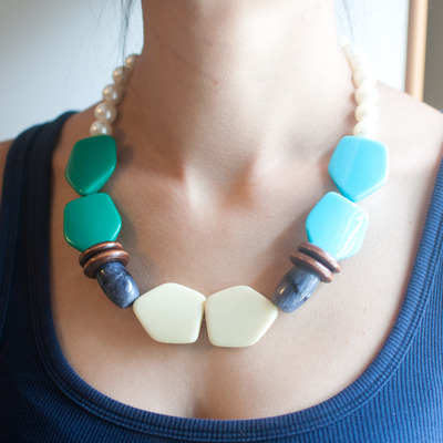 Pentagon Chocolate Round Disc Wooden Beads Pearl Statement Necklace, Ivory Color Sky Blue Turquoise Gray Beaded Pendant Necklace NL0756