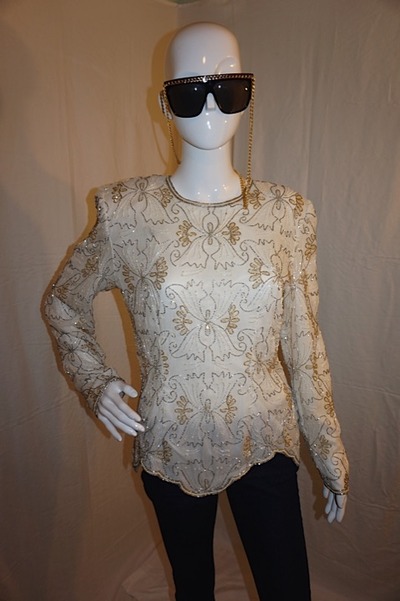 Vintage stenay white l/s sequins top, size m