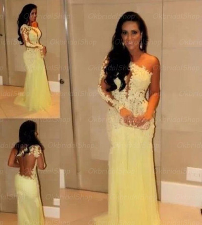 Yellow prom dress, lace prom dress, long prom dress, one shoulder prom dress, sexy prom dresses, party prom dress, BD14205