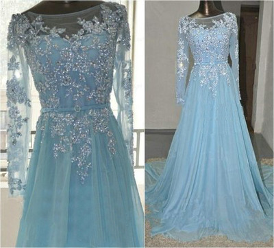 lace prom dress, long prom dress, blue prom dress, modest prom dress, 2018 prom dress, BD14346