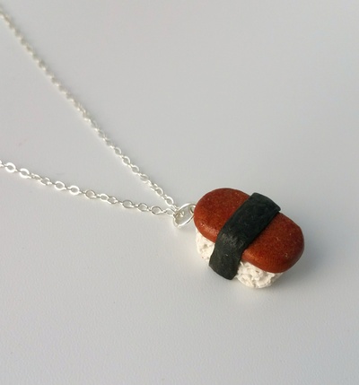 Kawaii Cute Miniature Food Necklaces - Spam Musubi with Sterling Silver Chain