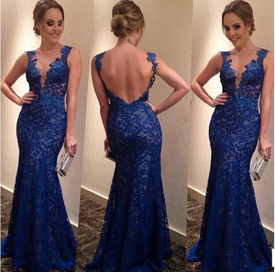 Blue prom dress, Lace V-Neck prom dress, sexy prom dress, long prom dress,PD380060