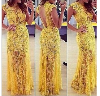 Openwork Lace Prom Dress, Sexy Prom Dress, Yellow Prom dresses, Long prom dress,PD380055