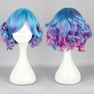 Free Shipping Short Curly Wig Ombre Wig Blue Pink Mix Color Anime Synthetic Hair Women Wigs