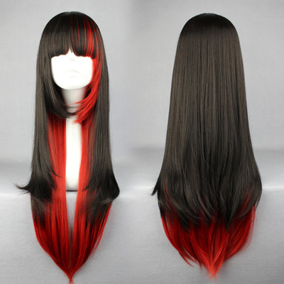 Long Straight Wig Black Red Mix Color Ombre Wig 70cm Long Synthetic Hair Harajuku Anime Wigs