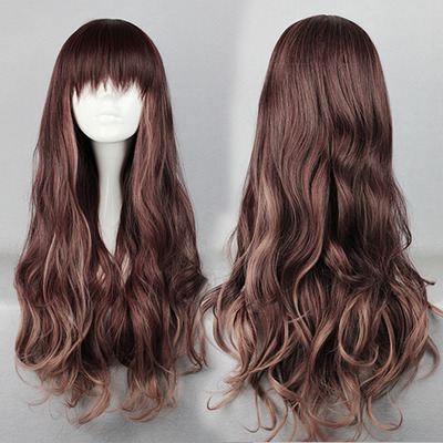 75cm Long Curly Brown Ombre Wig Long Wavy Heat Resistant Synthetic Hair with bangs Cosplay Wigs