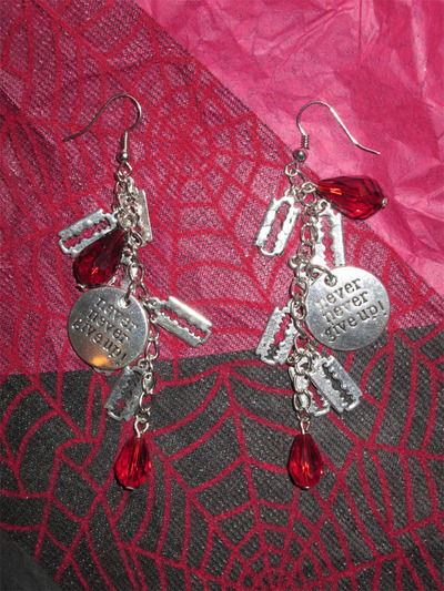 “Never Give Up” Self-Harm Razor Blade and Blood Drops Earrings