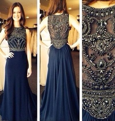 Beach Wedding Guest Dress,Navy Blue Chiffon Sexy High Neck See Through Beaded Prom Dresses A-Line Floor-Length Evening Dress,15040724